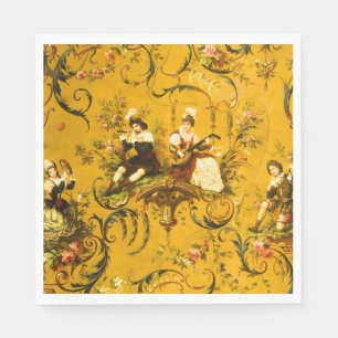 Vintage French Gold Yellow Toile Victorian Floral Napkins