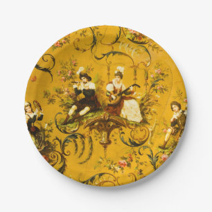 Vintage French Gold Yellow Toile Victorian Floral Paper Plates