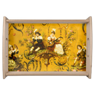 Vintage French Gold Yellow Toile Victorian Floral Serving Tray