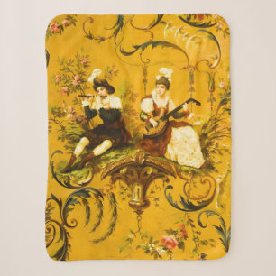 Vintage French Gold Yellow Toile Victorian Floral Sherpa Blanket