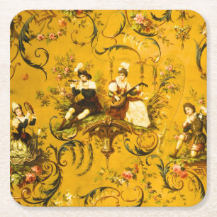 Vintage French Gold Yellow Toile Victorian Floral Square Paper Coaster