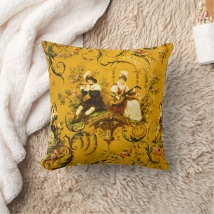 Vintage French Gold Yellow Toile Victorian Floral Throw Pillow