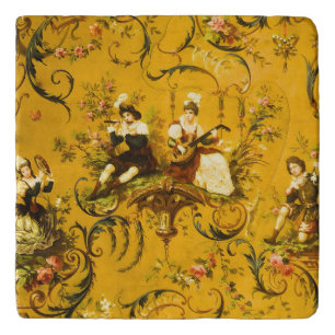 Vintage French Gold Yellow Toile Victorian Floral Trivet