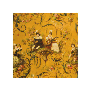 Vintage French Gold Yellow Toile Victorian Floral Wood Wall Art