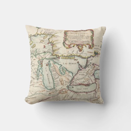 Vintage French Great Lakes Map Throw Pillow