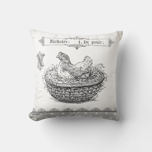 Vintage French Hen in Basket pillow grey blk white