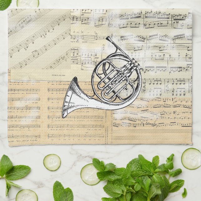 Vintage French Horn Music Kitchen Towel (Folded)