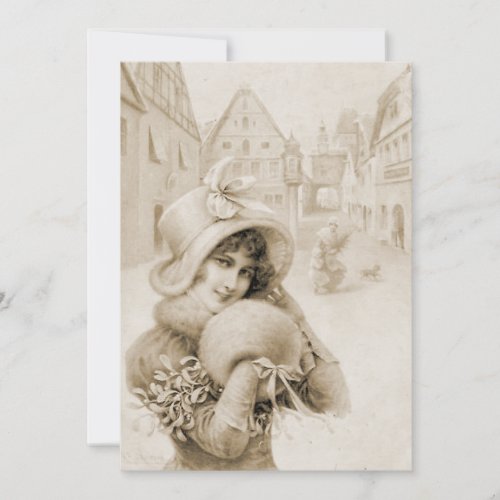 Vintage French Lady Christmas Hat Muff Mistletoe   Holiday Card