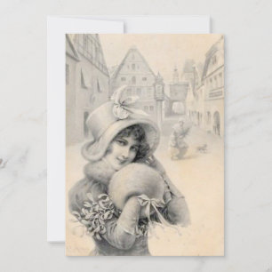 Vintage French Lady Christmas Hat Muff Mistletoe Holiday Card