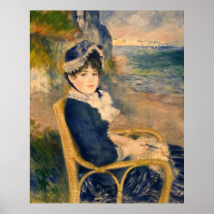 Vintage French Lady Knitting at the Beach Art Poster
