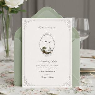 Vintage French Landscape Monogram Wedding  Invitation