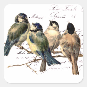 Vintage French Letter and Birds Square Sticker