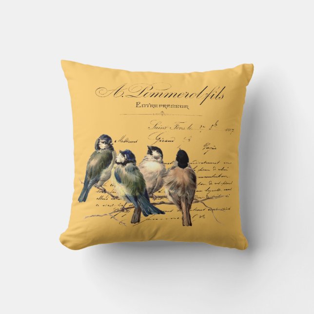 Vintage French Letter and Birds Throw Pillow (Front)