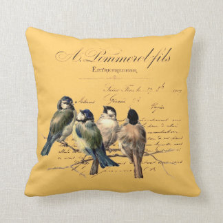 Vintage French Letter and Birds Throw Pillow
