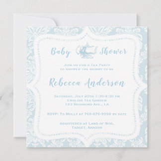 Vintage French Light Blue Damask Baby Shower Tea Invitation