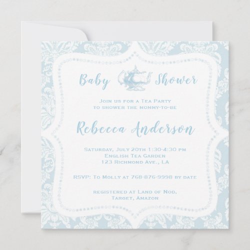 Vintage French Light Blue Damask Baby Shower Tea  Invitation