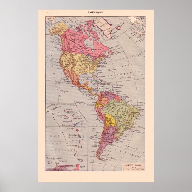 Vintage French map, 1920, The Americas Poster (Front)