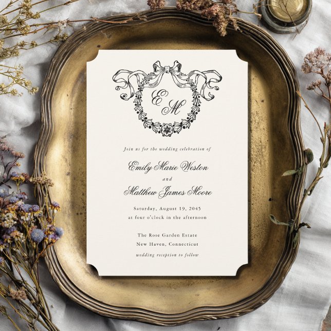 Vintage French Monogram Wreath Elegant Wedding Invitation (Creator Uploaded)