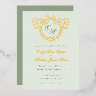 Vintage French Monogram Wreath Sage Wedding Foil Invitation