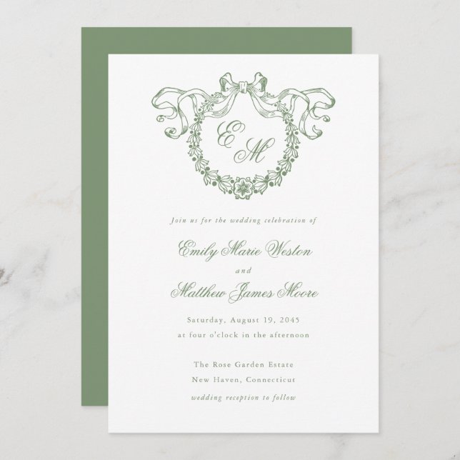 Vintage French Monogram Wreath Sage Wedding Invitation (Front/Back)