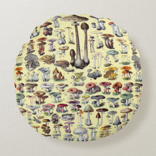 Vintage French Mushroom Cottagecore Botanical Art Round Pillow