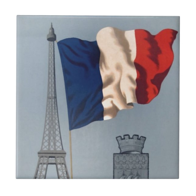 Vintage French National Flag & Eiffel Tower Ceramic Tile (Front)