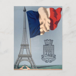 Vintage French National Flag & Eiffel Tower Holiday Postcard