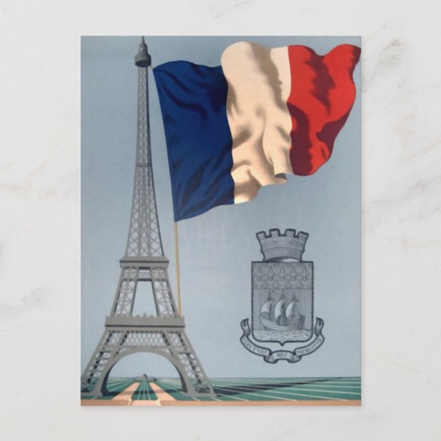 Vintage French National Flag & Eiffel Tower Postcard (Front)