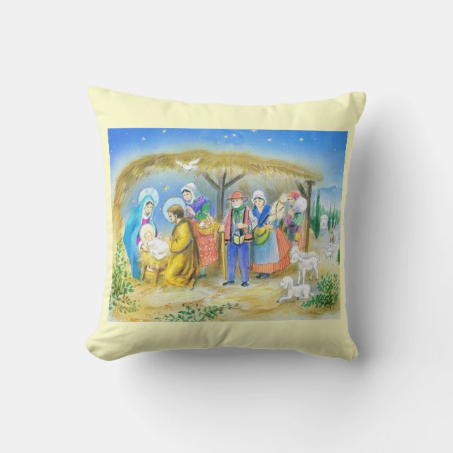 Vintage French Nativity scene Throw Pillow (Front)