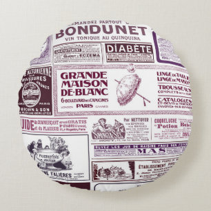 Vintage French Newspaper Ads 1910 Round Pillow
