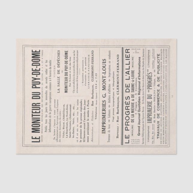 Vintage French Newspaper Advertisement Decoupage   Tissue Paper (Front)