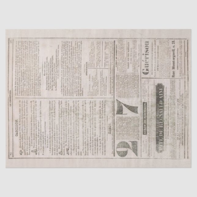 Vintage French Newspaper Aged Decoupage Tissue Paper (Front)