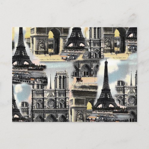 Vintage French Paris Travel Collage Eiffel Tower Postcard