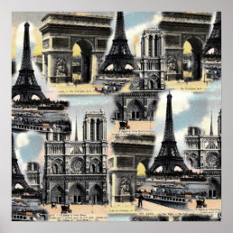 Vintage French Paris Travel Collage Eiffel Tower Poster