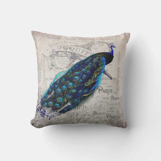 Vintage French Parisian Peacock Art Throw Pillow (Front)