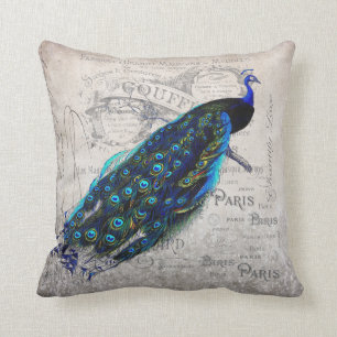Vintage French Parisian Peacock Art Throw Pillow
