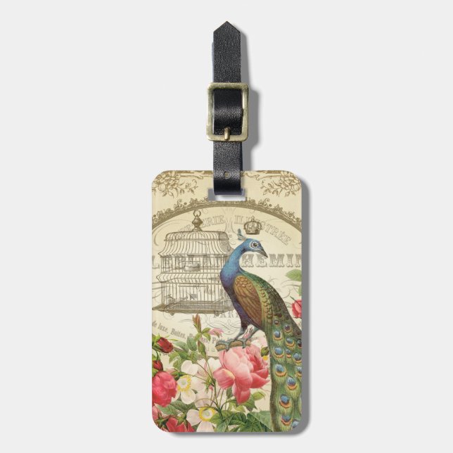 Vintage French Peacock luggage tag (Front Vertical)
