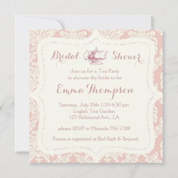 Vintage French Pink Cream Damask Bridal Tea Party Invitation by riverme at Zazzle