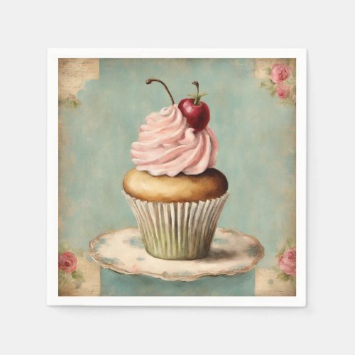 Vintage French Pink Cupcake Birthday Tea Party Napkins
