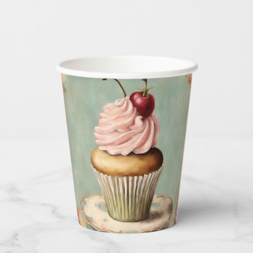 Vintage French Pink Cupcake Birthday Tea Party Paper Cups