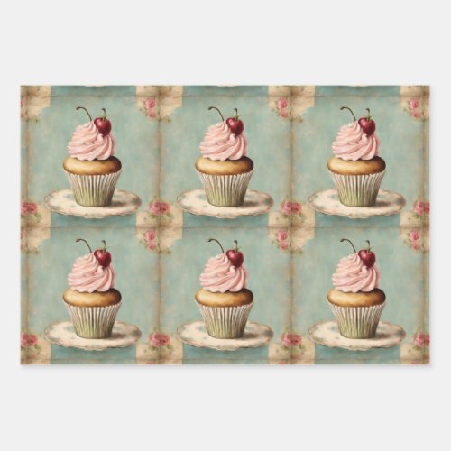 Vintage French Pink Cupcake Birthday Tea Party Wrapping Paper Sheets