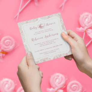 Vintage French Pink Damask Baby Shower Tea Party  Invitation