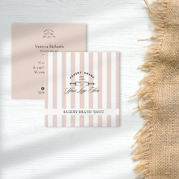 Vintage French Pink Elegant Striped Bakery Logo  Square Business Card