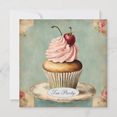 Vintage French Pink Floral Cupcake Tea Party Invitation