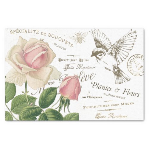 Vintage French Pink Rose Bird Bee Collage Craft Tissue Paper