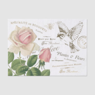 Vintage French Pink Rose Bird Bee Collage Craft Tissue Paper