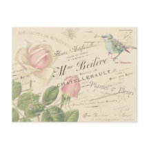 Vintage French Pink Rose Blue Bird Bee Collage