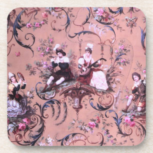 Vintage French Pink Toile Victorian Style Floral Beverage Coaster