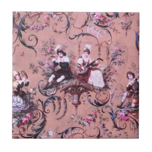 Vintage French Pink Toile Victorian Style Floral Ceramic Tile