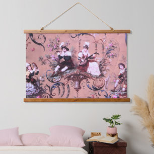Vintage French Pink Toile Victorian Style Floral Hanging Tapestry